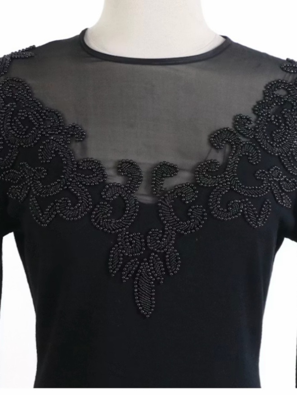 Carmen Marc Valvo Dress Black Beaded BodyCon Dress Wool Floral Applique Size M - Picture 3 of 9